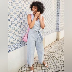 Boden Blue and White Striped Sleeveless Tie-Waist Jumpsuit